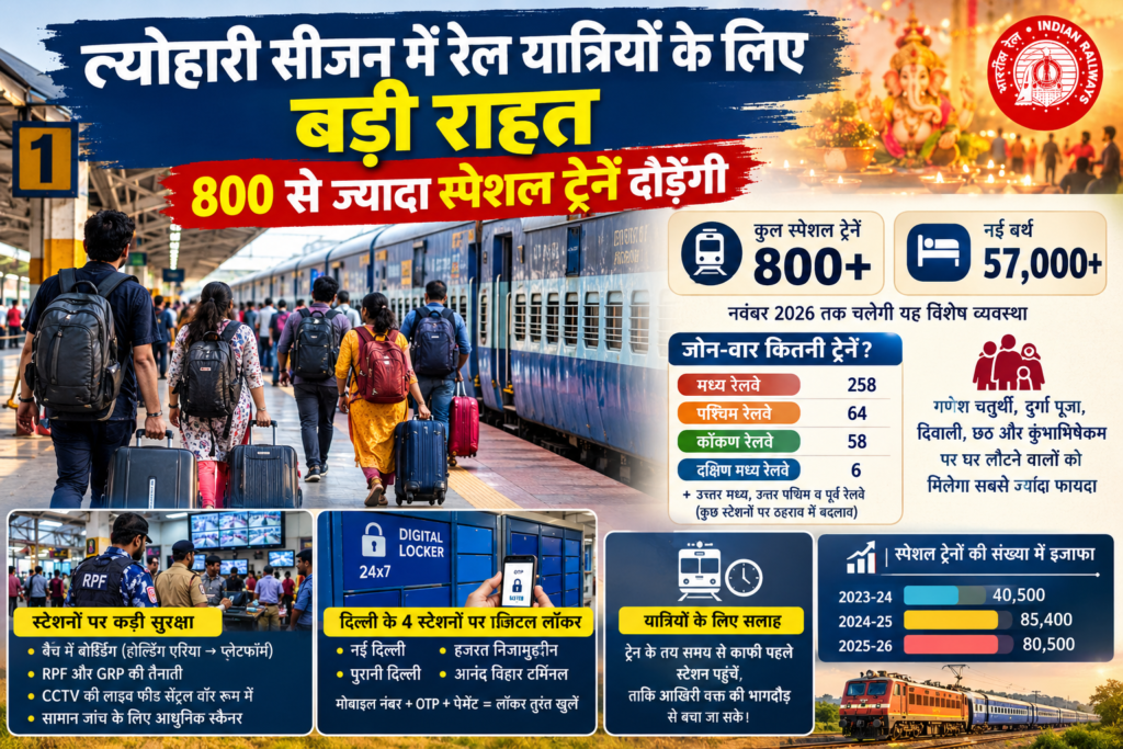 त्योहारी सीजन में रेल यात्रियों के लिए बड़ी राहत, 800 से ज्यादा स्पेशल ट्रेनें दौड़ेंगी 800