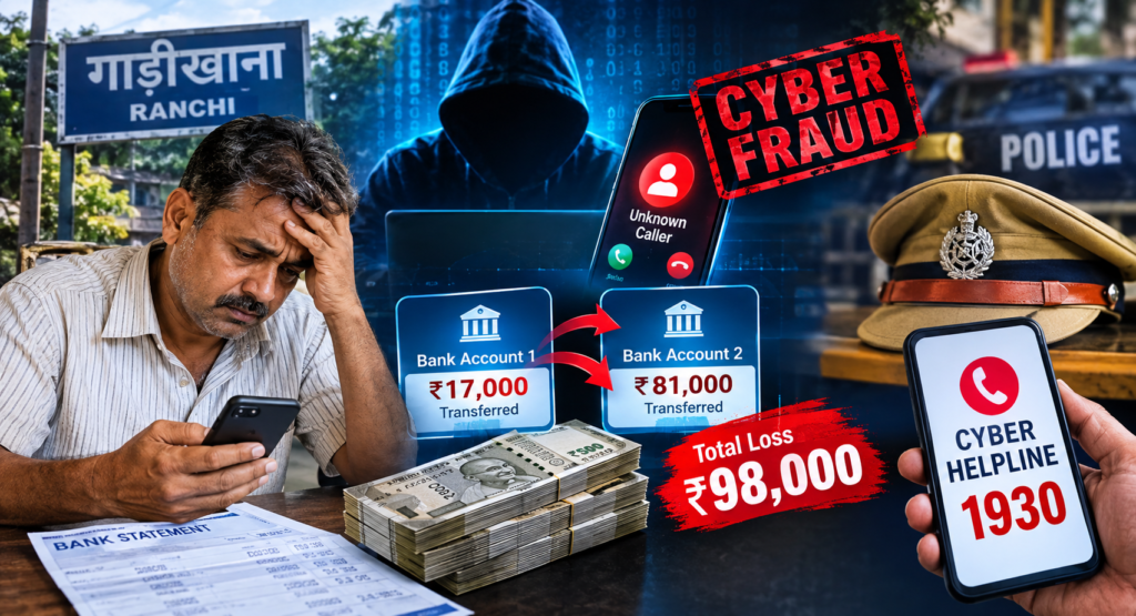 गाड़ीखाना में साइबर ठगी, बुजुर्ग के खाते से उड़ाए 98 हजार रुपये गाड़ीखाना