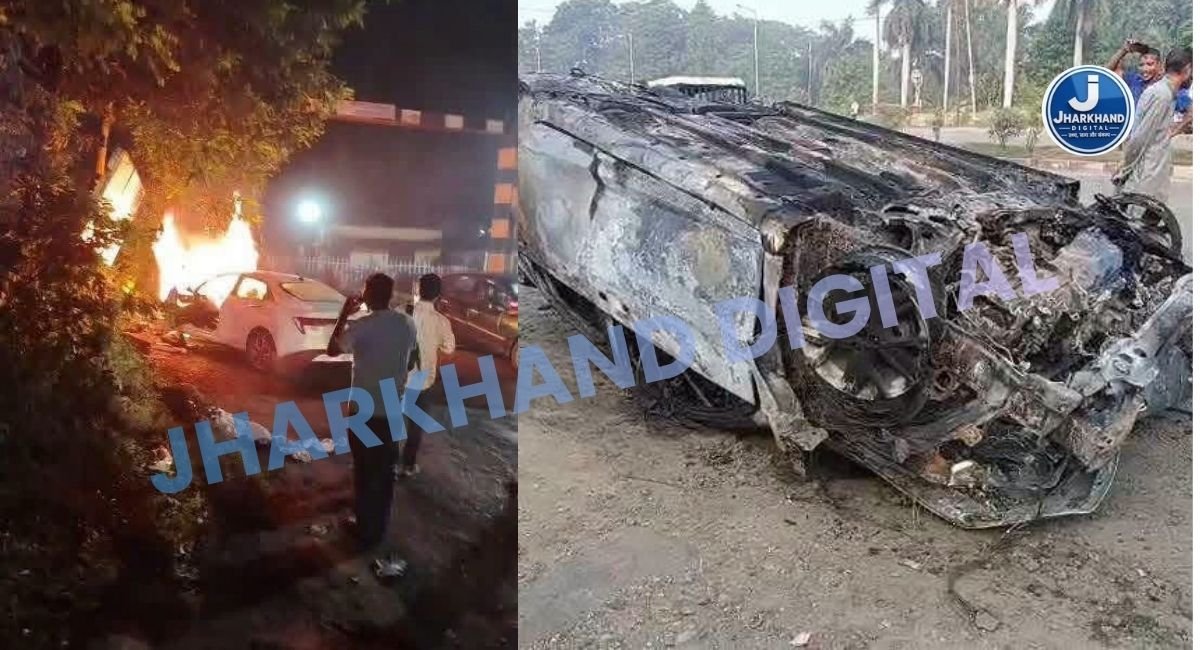 रेलवे फाटक के हाइट गेट से टकराते ही धू-धू कर जली हुंडई, बाल-बाल बचे कार सवार